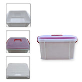 Clear plastic medicine storage box with a red lid